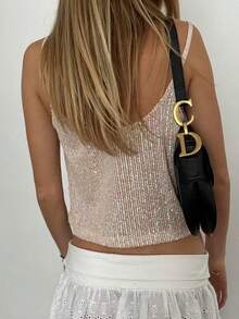 Women Y2K Sequin Cami Top Sparkle Tank V Neck Open Back Spaghetti Strap Crop Tops Summer Glitter Crop Top Party Clubwear - 杏色 - 查看 8
