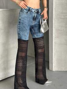 Solid Color Zipper & Button Pocket Denim Pants, For Stage Performance & Concerts - Blue - View 1