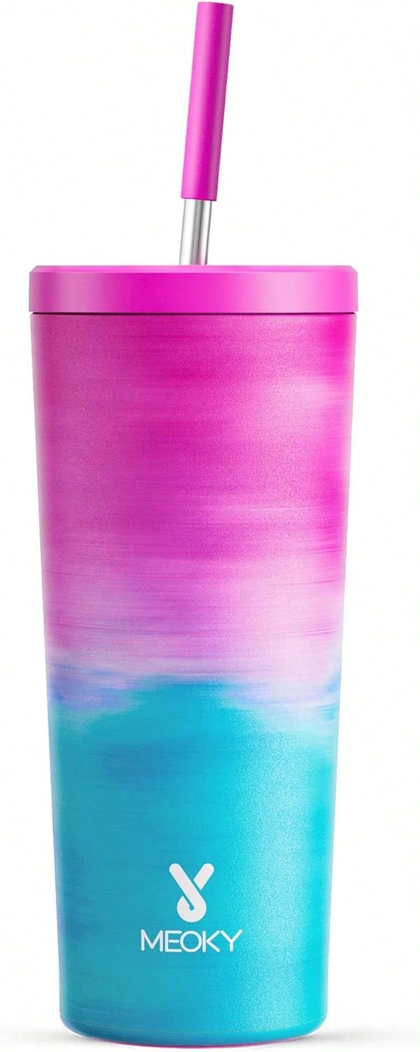 24 Oz Insulated Tumbler With Lid And Straw, Stainless Steel Vacuum Insulated Tumbler, Keeps Cold For 24 Hours, 100% Leak Proof, Fits In Car Cup Holder (Kiss) - 棉花糖 - 查看 1