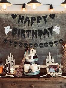 1pc Black Glitter Halloween Birthday Banner Black Heart Skull Garland Halloween Happy Birthday Decorations For Halloween Birthday Party Decorations Theme BabyShower Supplies - Multicolor - View 1