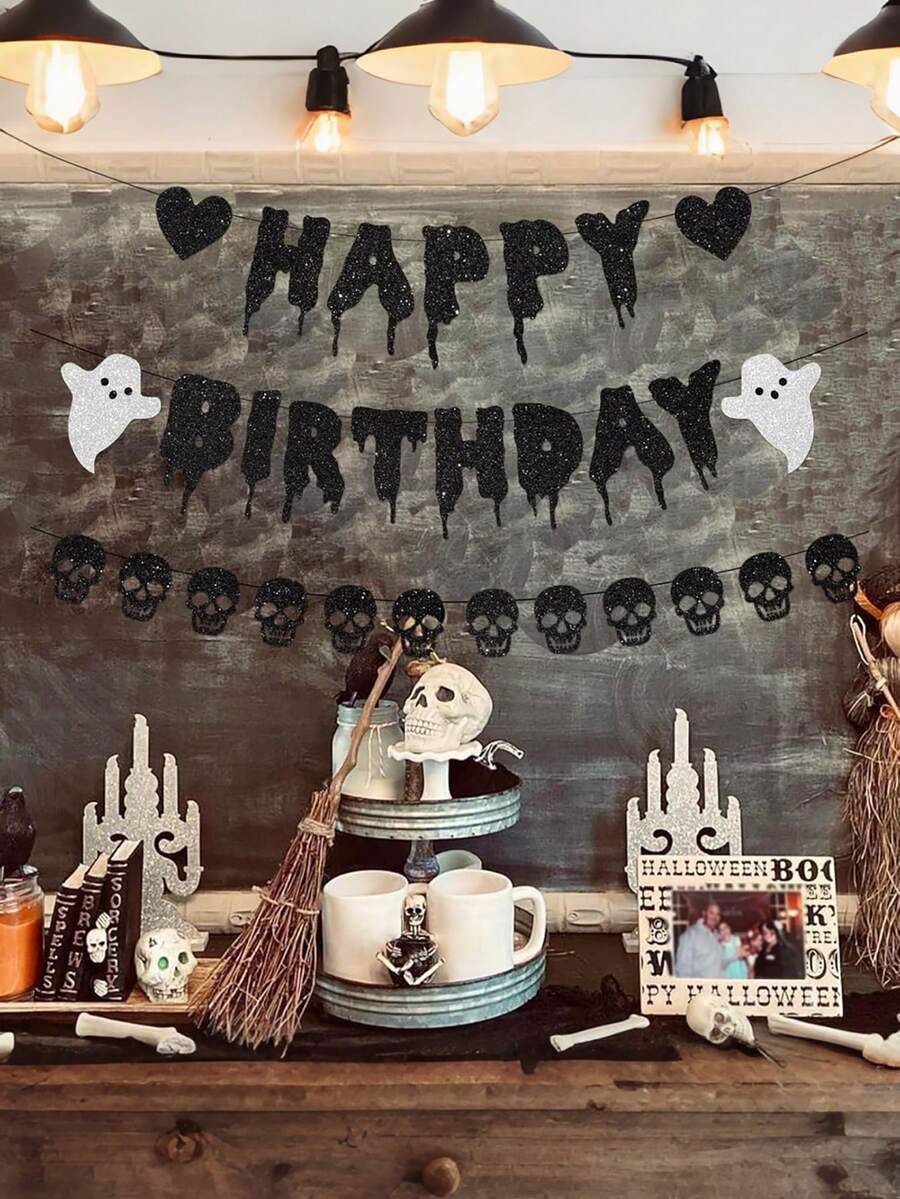 1pc Black Glitter Halloween Birthday Banner Black Heart Skull Garland Halloween Happy Birthday Decorations For Halloween Birthday Party Decorations Theme BabyShower Supplies - Multicolor - View 1