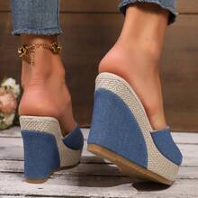 Wedge Peep Toe Plus Size Slippers Cross-Border Peep Toe Summer New European And American Thick Sole Height Increasing Fabric Sandals Women Wholesale - Xanh đậm - Xem 3