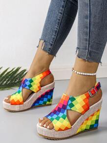 Women's Rainbow Print Bohemian Wedge Thick Bottom Sandals, Open Toe Beach Shoes, Platform Anti-Skid Outdoor Casual Slippers, Fashion Summer Adjustable Buckle Chunky Heels Slide Shoes, Multi-Color Floral Clubwear
