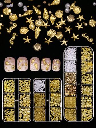 1 ask Sommarhav 3D Nagelkonst Berlocker - Sjöstjärnor, Snäckor, Sjöhäst, Metallnitar, Platta Vita Pärlor & Guldfärgade Strass - Sjöjungfru Nageldekoration Diy Nageltillbehör Naglar Nagelstenar