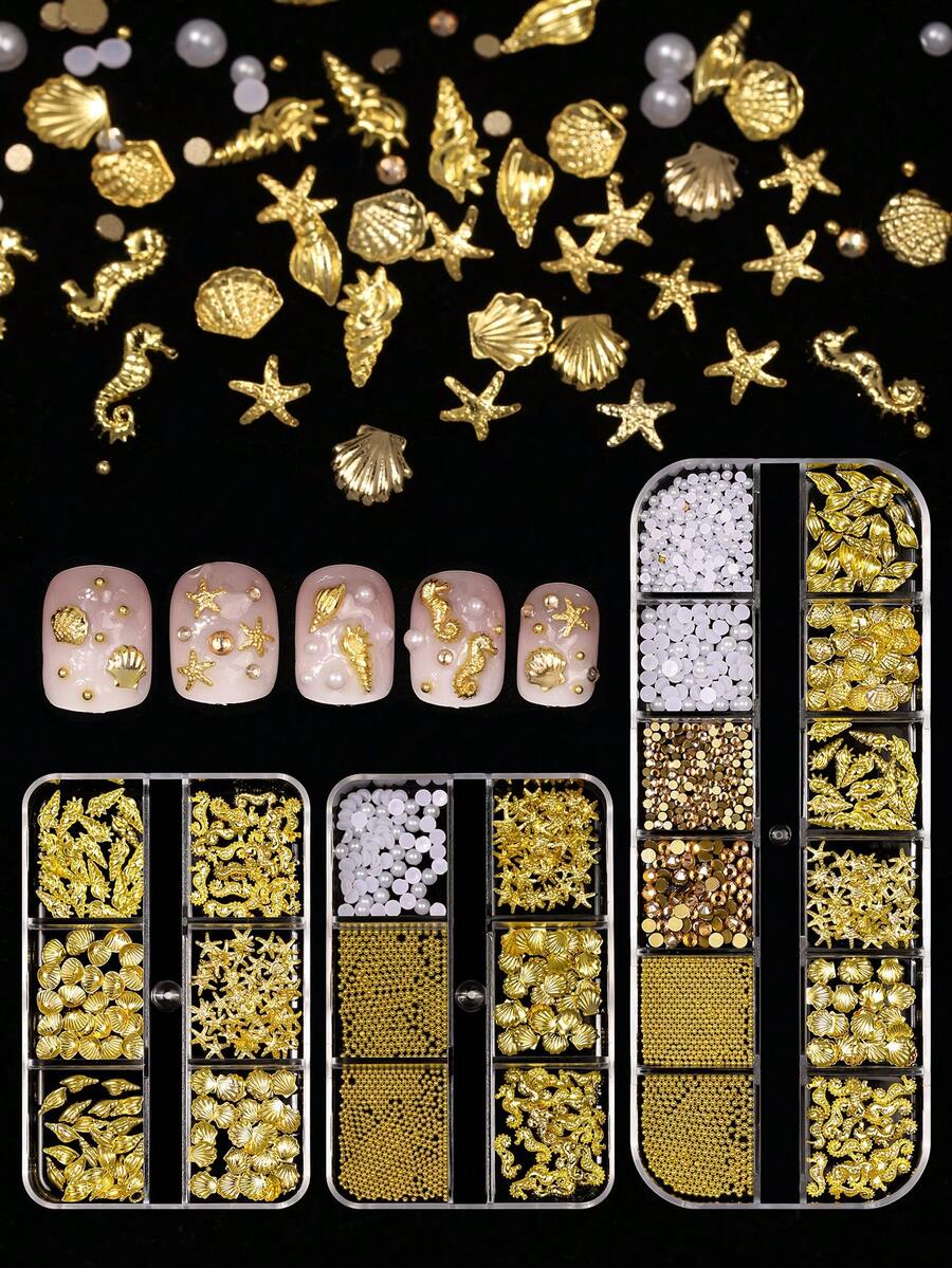 1 Hộp Phụ kiện trang trí móng tay 3D hình đại dương mùa hè - Sao biển, Vỏ sò, Cá ngựa, Đinh tán kim loại, Ngọc trai trắng phẳng & Đá quý vàng - Trang trí móng tay nàng tiên cá DIY Phụ kiện làm móng Đá quý làm móng - Nhiều màu - Xem 1
