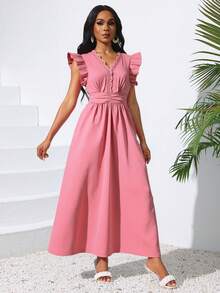 Elegante Vestido Largo Para Mujer De Color Sólido,Vestido Manga Con Volante,Vestido Cuello En V, Vestido Con Cintura Plisada De Verano - Rosa - Ver 5