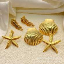 3pcs/Set Summertime Beach-Style Starfish Pendant Stainless Steel Plated Gold Earrings, Fashion Jewelry Gift For Women
