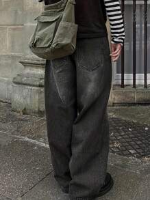 男士口袋简约复古宽松牛仔裤 - 深灰色 - 查看 4