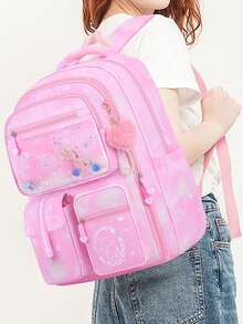 1 件套流沙公主印花背包，带可爱蝴蝶结，多口袋大容量，可调节肩带，拉链开合，涤纶衬里，防水材质，适合通勤、日常使用、返校礼物