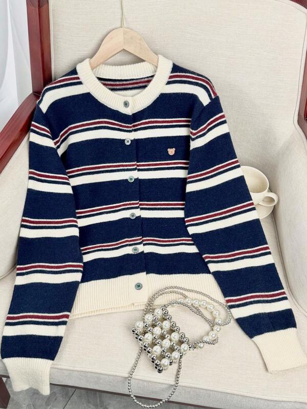 Cárdigan a rayas de estilo universitario Wixra, de manga larga, cuello redondo y diseño de un solo botonadura, jersey casual y versátil, ideal para volver al colegio y uso diario