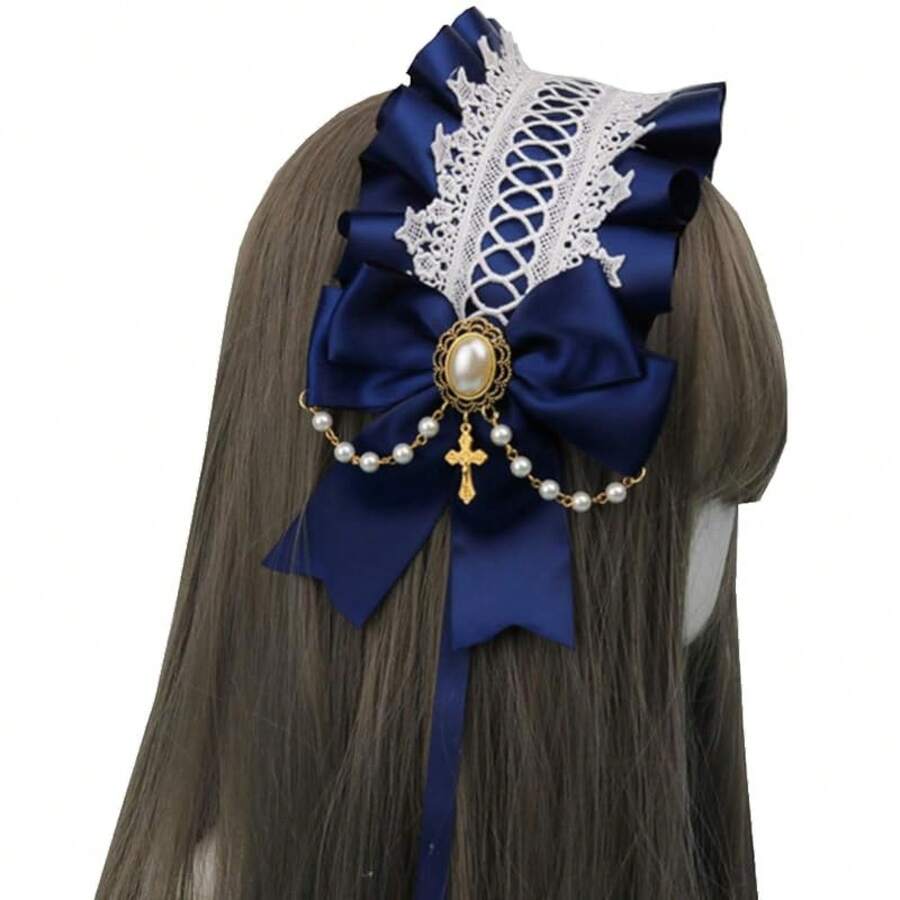 Gothic Lolita Headdress Maid Girls Lace Hair Accessories Cute Cosplay Headbands Sweet Hairpin Light Blue - 寶藍色 - 查看 1