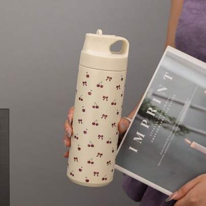 1 件 550 毫升/18.6 盎司真空隔热杯，带蝴蝶结和樱桃图案，防漏翻盖旅行杯，适合户外露营、旅行、运动、健身