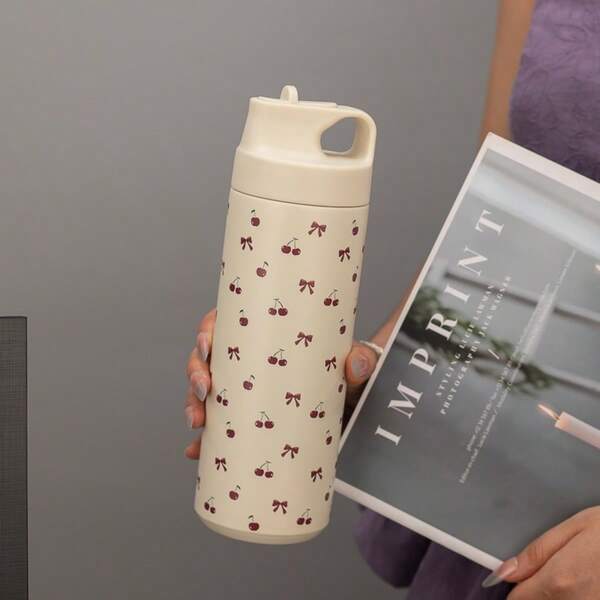 1pc 550ml/18.6oz Vacuum Insulated Tumbler With Bow And Cherry Design, Leak-Proof Flip Lid Travel Mug, Suitable For Outdoor Camping, Travel, Sports, Fitness