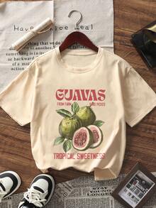 新款柔软百搭女士休闲宽松圆领透气水果印花 T 恤，时尚休闲装，春夏 - 杏色 - 查看 1