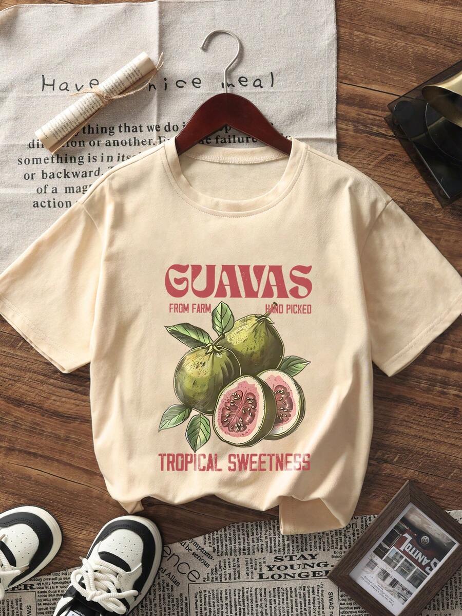 新款柔软百搭女士休闲宽松圆领透气水果印花 T 恤，时尚休闲装，春夏 - 杏色 - 查看 1