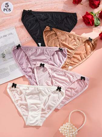 5 件女士性感内裤 - 蝴蝶结细节，松紧带，多种颜色可选（黑色、白色、紫色、咖啡色、粉色），浪漫内衣