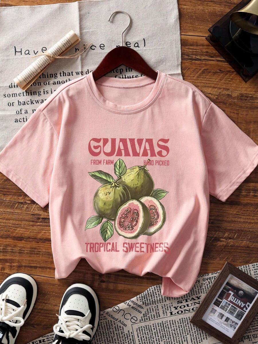 Áo thun cổ tròn in hình trái cây thời trang xuân hè thoải mái mềm mại và đa năng cho nữ - Hồng - Xem 1