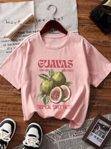 Nuova maglietta casual e versatile da donna, stile ampio, in tessuto traspirante, con stampa di frutta, collo tondo, per primavera ed estate