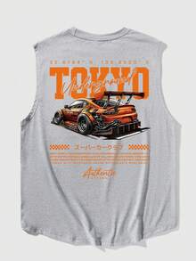 YUNCHIC - 男士休闲无袖上衣，轻便夏季运动服，创意汽车图案，圆领弹力打底衫，透气吸湿速干，健身训练外套及内搭 - 淺灰色 - 查看 2