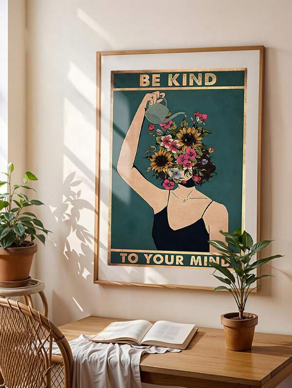 1pc Be Kind To Your Mind Vintage Wall Poster,Vintage Canvas Art – Floral Mental Health Poster With Blooming Head Design For Self-Care, Therapy Room Or Positive Wall Decor,Gift For Women Home Office Bedroom Living Room Cafe Wall Decor