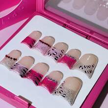 Duck Nails Y2K Short Press-On Acrylic Nails, 10 Pcs Handmade 2025 Summer Pink-Silver Glitter Nails Embellished With Tiger-Stripe Patterns & Rhinestones For Party, Wedding, Holiday & Daily Wear-Reusable Gel Acrylic, Easy Application With Jelly Glue Set Included - Màu Hồng Tươi - Xem 2
