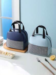 1pc Student Large Capacity Handheld Lunch Bag - Office Worker With Rice Insulation Bag - Portable PU Thousand Bird Grid Design, Thick Aluminum Foil, Easy To Carry, Keep Food Hot And Cold, Suitable For Outdoor Travel, Male And Female Styles, Non Contact With Food, Insulated Lunch Bag, Essential For Returning To School