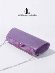 1 件紫色亮片 3D 刺绣花卉手拿包，复古优雅闪亮串珠弧形翻盖女士手提包，带金属饰边，可拆卸链条肩带，适合婚礼、派对、节日、舞会、庆典、夜店、女士礼物、生日礼物、零钱包 - 紫色 - 查看 6