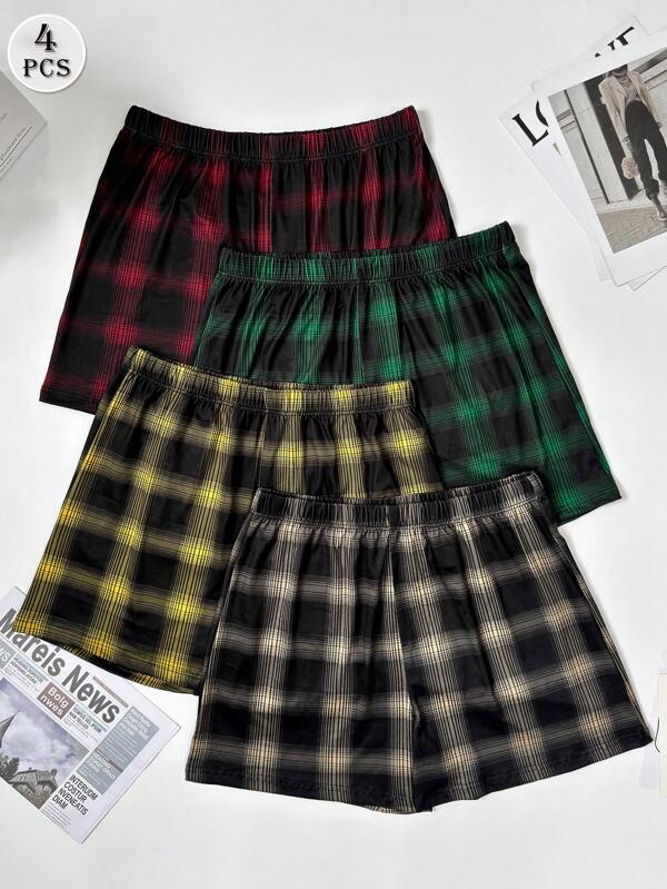 4 pièces/Lot Boxers Hommes Imprimés à Carreaux, Shorts Décontractés Amples et Respirants, Sous-vêtements Confortables Multicolores