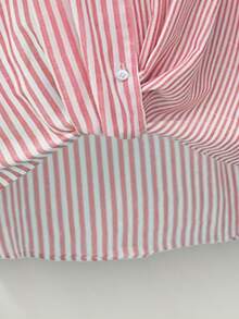 女式休闲度假条纹拼布棉质下摆卷边袖口前短后长款长袖衬衫，春夏