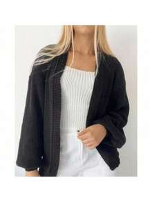 Women's Knitted Cardigan Coat Fang Stitch Long Puff Sleeve Iverno - màu đen - Xem 1