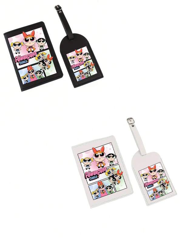 THE POWERPUFF GIRLS Cute Cartoon Character & Heart Police Woman Printed PU Leather Passport Holder, Multi-Functional Travel Passport Wallet Luggage Ticket Folder Set