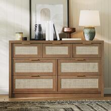Broadfashion 7 Drawer Dresser For Bedroom, Rattan Chest Of Dressers, Modern Wooden Dresser Chest With Golden Handles, Farmhouse Tv Stand For Closet, Living Room And Entryway - 深木色 - 查看 1