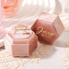 1pc Personalized Hexagonal Velvet Ring Box, Wedding/Engagement/Proposal Ring Box, Modern Ring Box, Anniversary Gift, Customized Name Wedding Ring Box With Dual Compartments