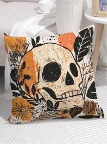 1 pieza Funda de cojín de otoño, estampado bohemio de calabaza fantasma y mapache, tela de poliéster con cremallera, estampado de una sola cara, sin inserto de cojín, decoración del hogar de otoño y Halloween, adecuado para el estilo rústico, patio exterior, sofá, cama, artículos para fiestas
