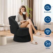 Modern Swivel Barrel Accent Chair,Barrel Chair 360 Degree Velvet Upholstered Armchair With Striped Backrest & Plush Padding, Reading Chair Upholstered Armchair Comfy Round Lounge Chair For Living Room, Bedroom, Reading Nook - Teddy Velvet | Black - View 6