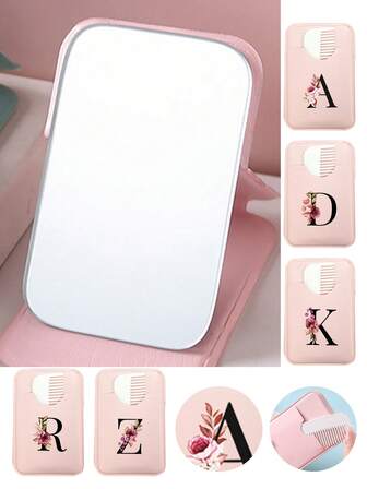 1 pieza Cepillo de pelo plegable portátil con espejo compacto, letras A-Z, sencillo y elegante, espejo de maquillaje plegable de piel de PU, colocación vertical sobre la mesa, espejo ideal para uso diario y cepillo de viaje, espejo especial para damas integrado con peine, pinzas para el cabello, accesorios para el cabello, adecuado para viajes, vuelta al colegio, oficina, dormitorios universitarios, vacaciones, regalo de cumpleaños, San Valentín para mujeres, para regalar en días festivos