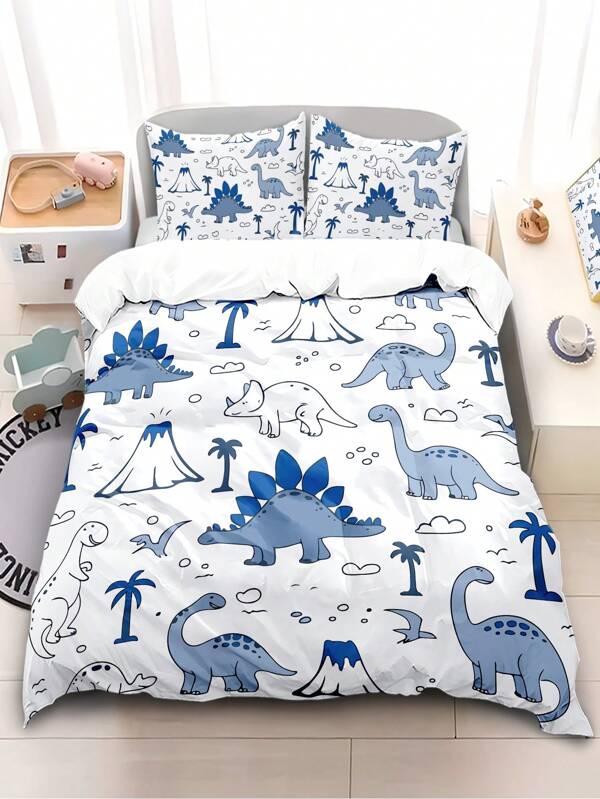 Conjunto de cama com 4 peças de dinossauro de desenho animado (1 lençol + 1 capa de edredom + 2 fronhas, sem enchimento), conjunto de capa de edredom estampado para a temporada escolar, adequado para dormitório, cama de solteiro, cama infantil para meninos e meninas