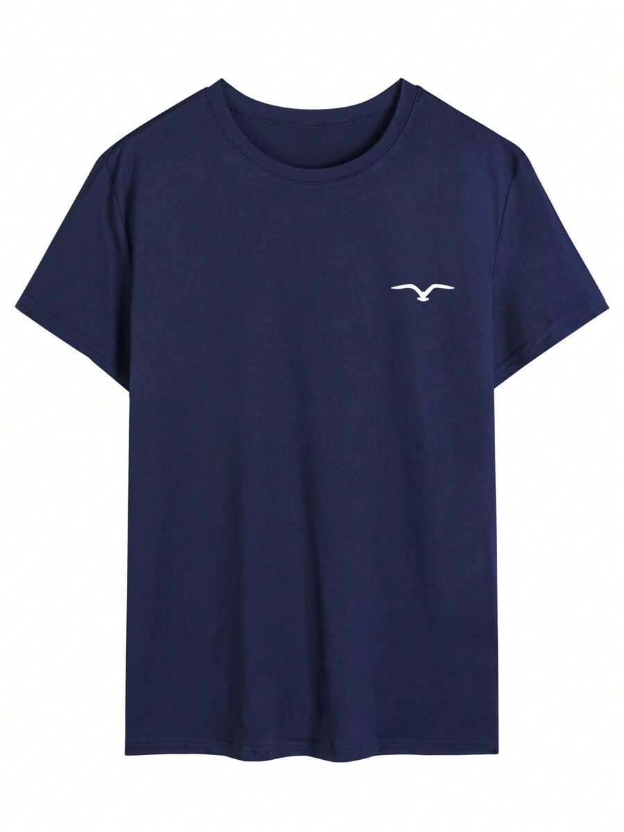 Men's Casual Bird Printed Round Neck Short Sleeve T-Shirt, Summer - Navy Blue - View 1