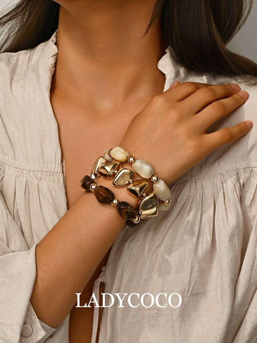 LADYCOCO 3 件复古多层棕色亚克力串珠手链，可变形金片手链，适合女士、情侣、派对、日常佩戴
