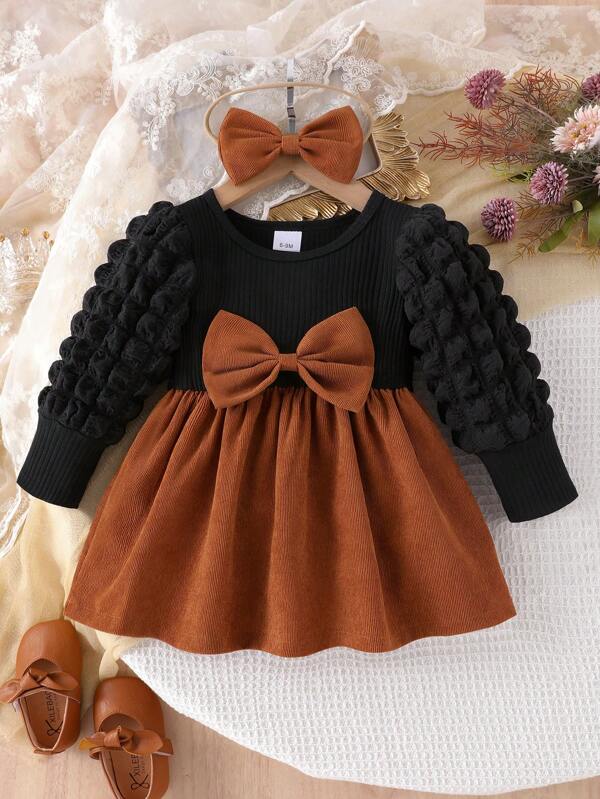 2 pièces/Set Robe en velours côtelé noir avec détail nœud pour bébé fille, robe à manches longues avec ourlet à bulles taille haute et bandeau nœud