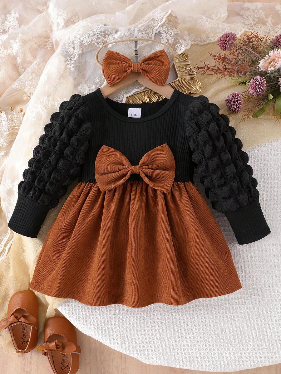 2pcs/Set Baby Girl Black Corduroy Patchwork Dress With Bow Detail, Waisted Bubble Hem Long Sleeve Dress With Bow Headband