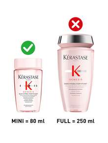 Kérastase Champú fortificante GENESIS de 80 ml para cabello debilitado. Bain Hydra-Fortifiant con raíz de jengibre y dipéptidos. Controla la grasa, reduce la caspa, aporta volumen y brillo. Suave y sin enredos. Aroma floral y frutal. Ideal para uso diario en cabello dañado.