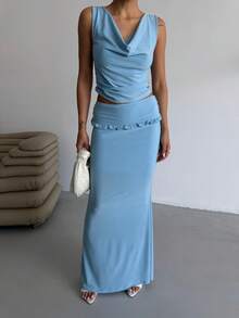 1 Set Women's Resort Solid Cropped Halter Tank Top & Mini Skirt - Blue - View 3