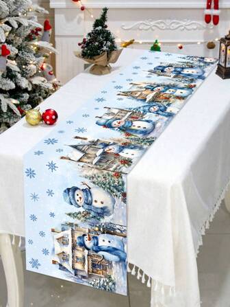 1 pieza Mantel de poliéster azul de 35*180cm/13.78*70.87in para Navidad, decoración de muñeco de nieve para mesa, decoración festiva navideña, decoración de mesa para fiesta de Navidad, tela para ambiente acogedor invernal