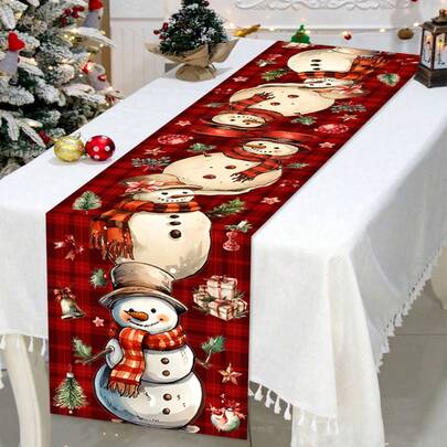 1 件 35 * 180 厘米/13.78 * 70.87 英寸红色格子雪人圣诞涤纶桌布，餐桌桌布，咖啡桌装饰，家庭聚会节日纺织品，营造舒适的圣诞氛围
