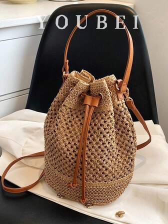 Women's Holiday Boho Drawstring Woven Bucket Tote Bag, Straw Woven Handbag, Fashion Niche Design Crossbody Bucket Bag, Versatile For Beach, 2025 New