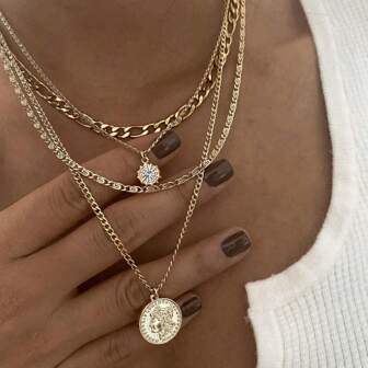 1pc Bohemian Style Portrait Circle Pendant Multi-Layered Necklace With Rhinestone