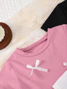 3pcs/Set Girls Casual Bow Decor Short Sleeve T-Shirts With Ruffle Lace Hem, Round Neck Tops For Baby Girl Summer Outfit - Multicolor - View 3