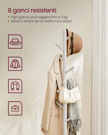 Attaccapanni, Appendiabiti da Terra in Legno, 8 Ganci, 3 Altezze, per Cappotti Cappelli Borse, per Ingresso, Ganci e Palo in Legno di Gomma, Beige Cappuccino, Ritorno a Scuola, Regalo Natale - Cappuccino Beige - Übersicht 4