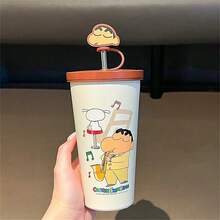 635ml/21oz Crayon Shin Chan Doll Thermos Cup Insulation Bottle Anime Cartoon Large-Capacity Desktop Straw Cup Stainless Steel Coffee Mug Tumbler Birthday Gifts - Brown - View 2